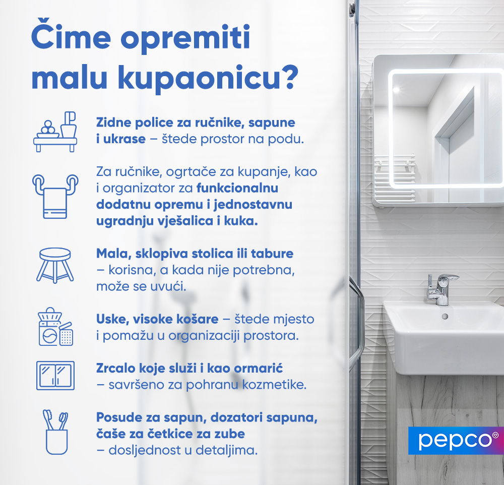 Pepco infografika o odabiru ukrasa i dodataka za malu kupaonicu