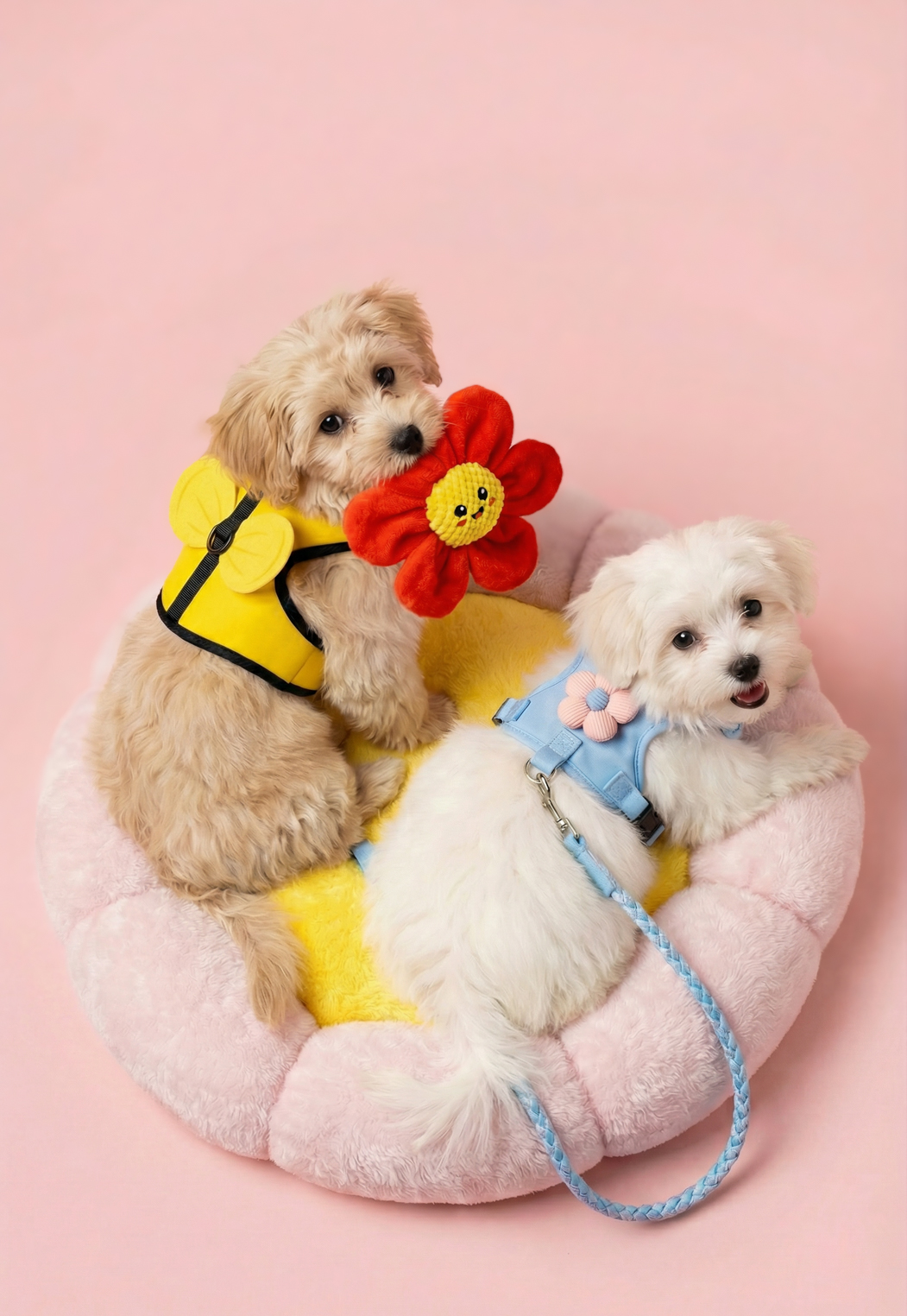 Pas drži šarenu igračku.